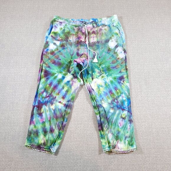 Talbots Pants Women 10P Linen Elastic Waist Cropped Green Blue Purple Boho - Picture 1 of 16